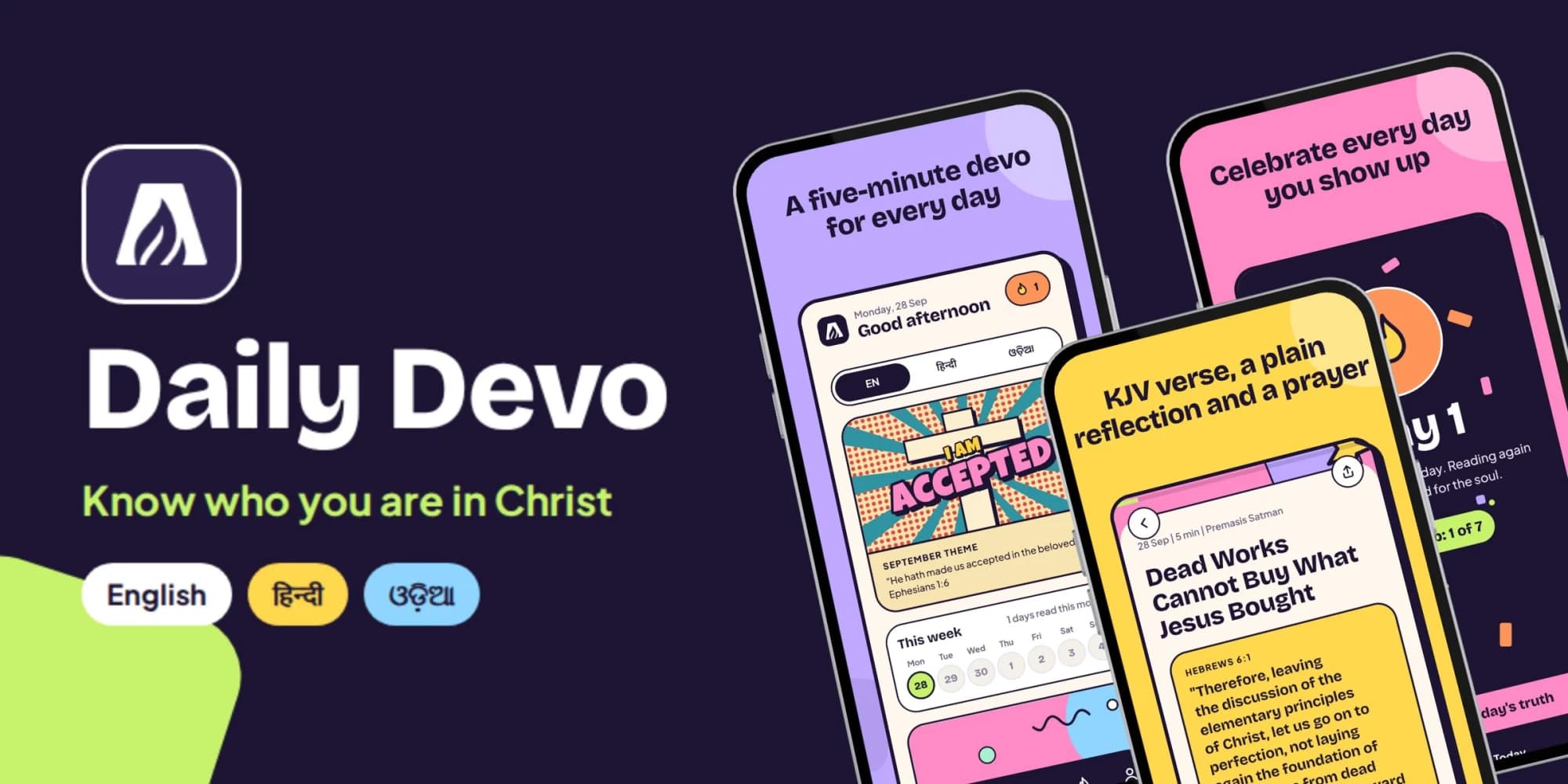 Daily Devo, with the tagline Know who you are in Christ and pills reading English, Hindi and Odia, beside three phone screens showing the app's home screen, a devotional and a streak celebration.