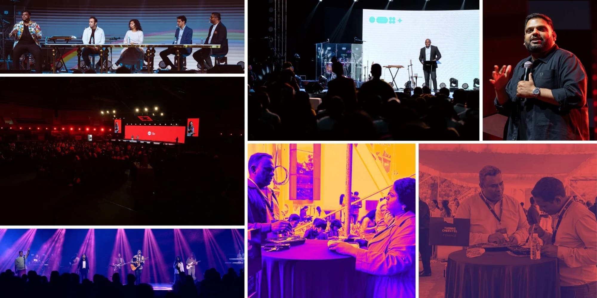 A six-panel collage from past Mighty Dream conferences: a five-person panel on stage, a packed auditorium under red light, a worship band in blue light, a speaker holding a microphone, and attendees in conversation with industry leaders across small round tables