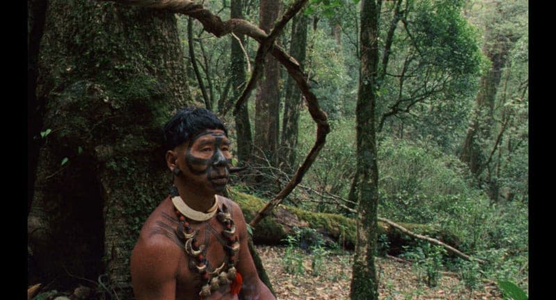 The chief, in face paint and traditional ornaments, sits in the forest