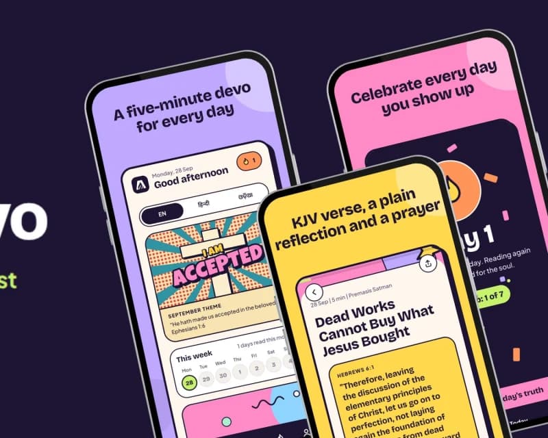 Daily Devo, with the tagline Know who you are in Christ and pills reading English, Hindi and Odia, beside three phone screens showing the app's home screen, a devotional and a streak celebration.