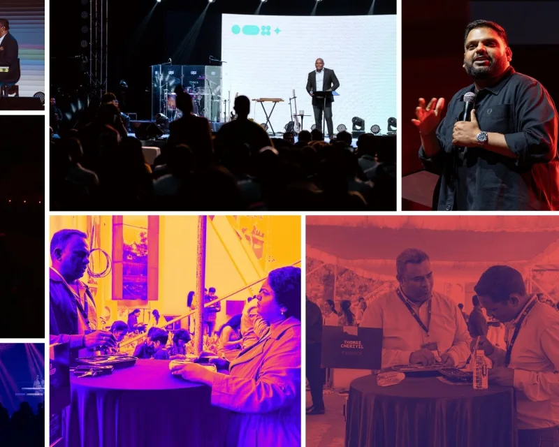 A six-panel collage from past Mighty Dream conferences: a five-person panel on stage, a packed auditorium under red light, a worship band in blue light, a speaker holding a microphone, and attendees in conversation with industry leaders across small round tables
